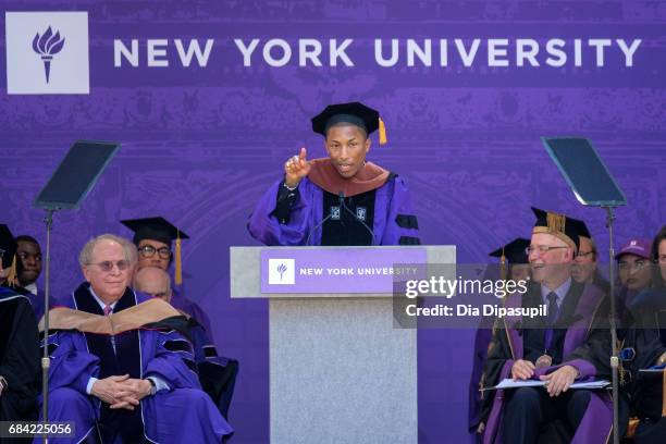 Pharrell Williams speaks during the New York University 2017 Commencement at Yankee Stadium on May 17, 2017 in the Bronx borough of New York City.