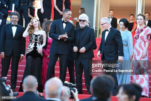 Jury members Gabriel Yared, Jessica Chastain, Will Smith, President of the jury Pedro Almodovar, Director of the Cannes Film Festival Thierry...