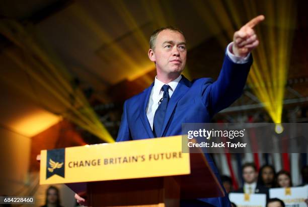 Liberal Democrat Leader Tim Farron launches the party's Election Manifesto at The Oval Space on May 17, 2017 in London, England. Britain goes to the...