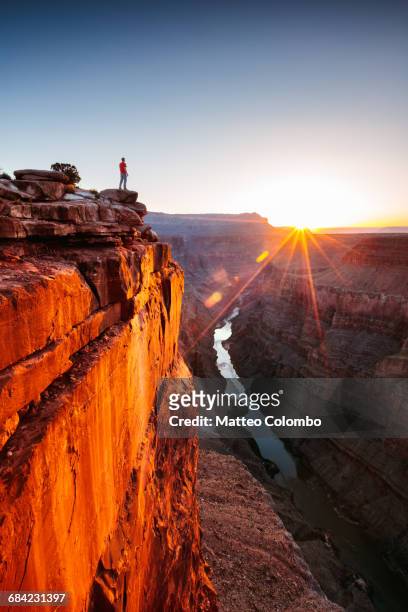man standing on the edge of grand canyon - arizona mountains stockfoto's en -beelden