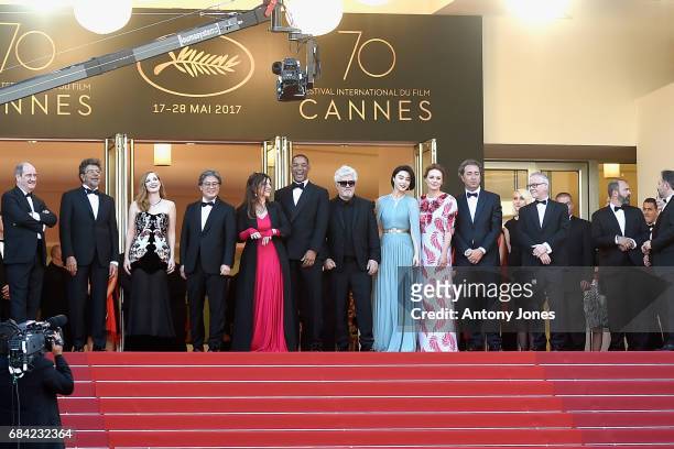 President of the Cannes Film Festival Pierre Lescure, jury members Gabriel Yared, Jessica Chastain, Park Chan-wook, Agnes Jaoui and Will Smith,...