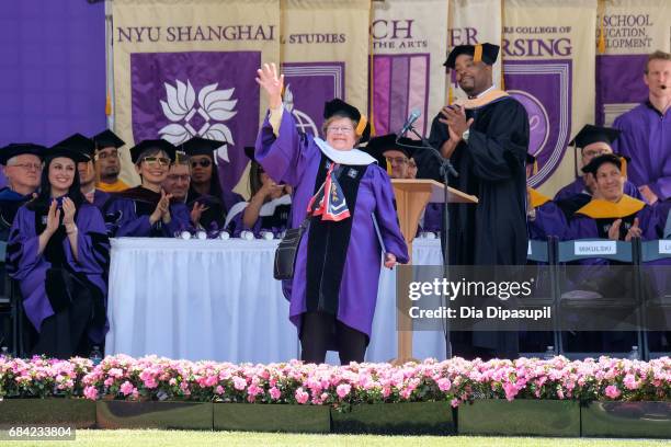 Barbara A. Mikulski receives an honorary doctorate degree during the New York University 2017 Commencement at Yankee Stadium on May 17, 2017 in the...