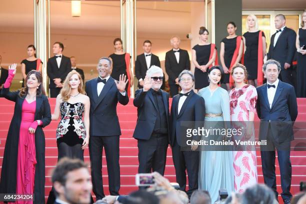 Jury members Agnes Jaoui, Jessica Chastain and Will Smith, President of the jury Pedro Almodovar and jury members Park Chan-wook, Fan Bingbing, Maren...