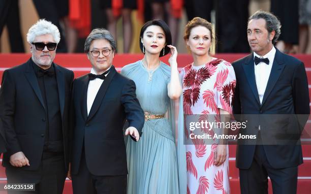 President of the jury Pedro Almodovar, Park Chan-wook, Fan Bingbing, Maren Ade and Paolo Sorrentino attends the "Ismael's Ghosts " screening and...