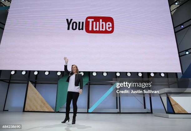 YouTube CEO Susan Wojcicki speaks during the opening keynote address at the Google I/O 2017 Conference at Shoreline Amphitheater on May 17, 2017 in...