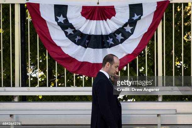 White House senior advisor Stephen Miller arrives at the commencement ceremony for the U.S. Coast Guard Academy, May 17, 2017 in New London,...