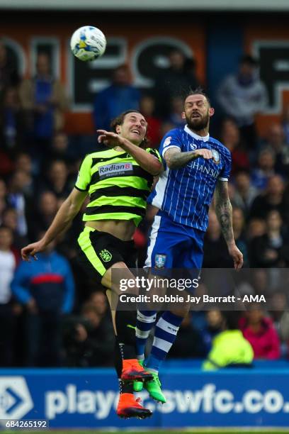 Michael Hefele of Huddersfield Town and Steven Fletcher of Sheffield Wednesday during the Sky Bet Championship match between Sheffield Wednesday and...