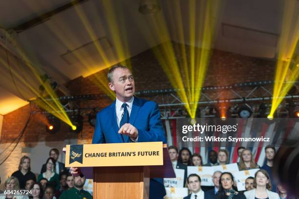 Liberal Democrat leader Tim Farron launches the party's manifesto at the Oval in east London for the 2017 General Election. May 17, 2017 in London,...