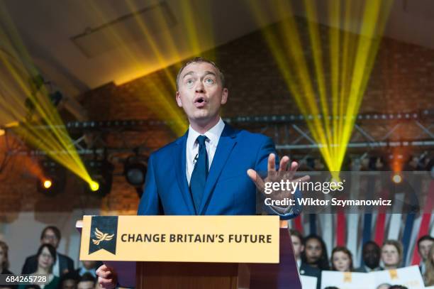 Liberal Democrat leader Tim Farron launches the party's manifesto at the Oval in east London for the 2017 General Election. May 17, 2017 in London,...