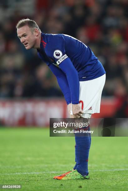 Wayne Rooney of Manchester United looks on during the Premier League match between Southampton and Manchester United at St Mary's Stadium on May 17,...