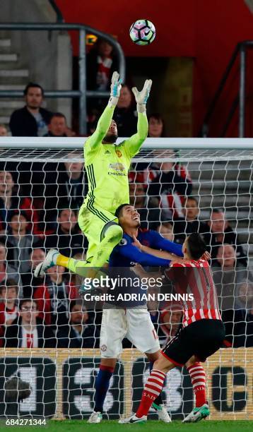 Manchester United's Argentinian goalkeeper Sergio Romero claims the ball during the English Premier League football match between Southampton and...