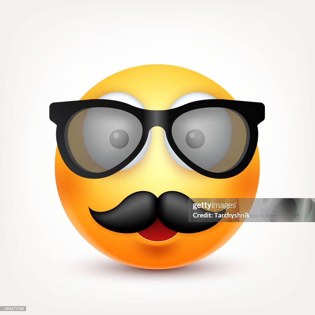 Smileyemoticon With Glasses And Mustache Yellow Face With Emotions Facial  Expression 3d Realistic Emoji Funny Cartoon Charactermood Web Icon Vector  Illustration High-Res Vector Graphic - Getty Images