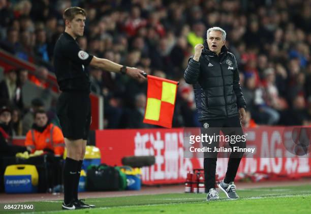 Jose Mourinho, Manager of Manchester United reacts during the Premier League match between Southampton and Manchester United at St Mary's Stadium on...