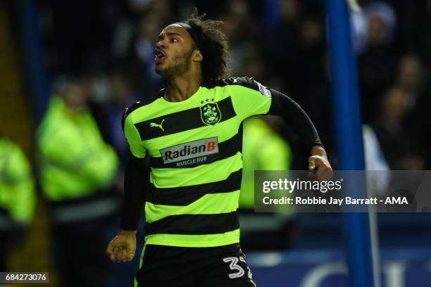 Isaiah Brown of Huddersfield Town celebrates a goal to make it 1-1 during the Sky Bet Championship match between Sheffield Wednesday and Huddersfield...