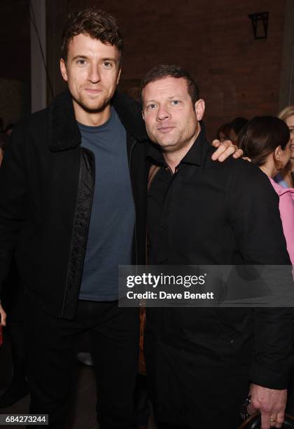 Greg James and Dermot O'Leary attend the launch of new book "Jackson & Levine: Round To Ours" by Laura Jackson and Alice Levine at Hoxton Docks on...