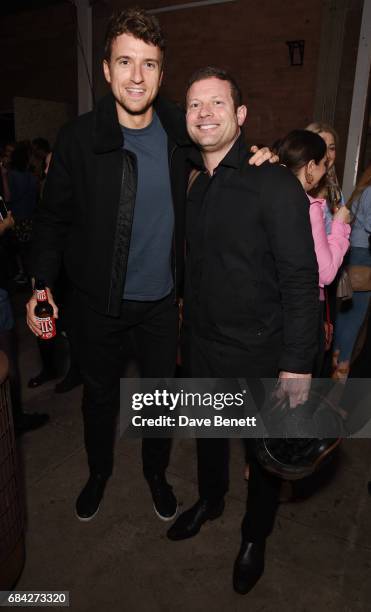 Greg James and Dermot O'Leary attend the launch of new book "Jackson & Levine: Round To Ours" by Laura Jackson and Alice Levine at Hoxton Docks on...
