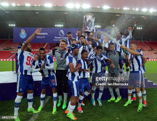 Porto players celebrate winning the game during the Premier League International cup Final match between Sunderland and Porto at Stadium of Light on...