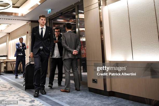 Luka Doncic, #7 of Real Madrid arriving to the 2017 Turkish Airlines EuroLeague Final Four at Renaissance Polat Istanbul Hotel on May 17, 2017 in...