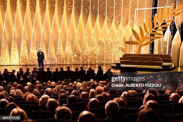 Spanish director and President of the Feature Film Jury Pedro Almodovar delivers a speech on stage on May 17, 2017 during the opening ceremony of the...