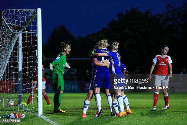 Millie Bright of Chelsea celebrates after scoring her team's first goal of the game during the WSL 1 match between Chelsea Ladies and Arsenal Ladies...