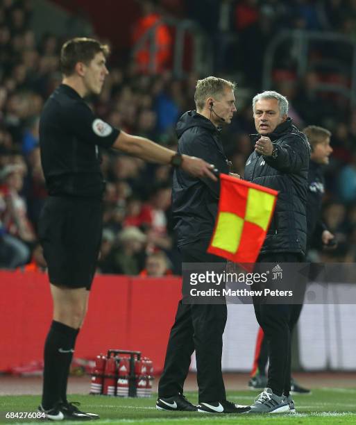 Manager Jose Mourinho of Manchester United complains to the fourth official during the Premier League match between Southampton and Manchester United...