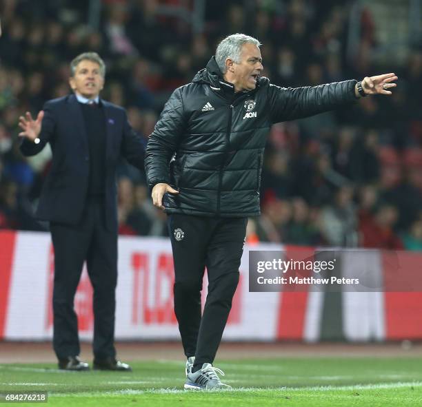 Manager Jose Mourinho of Manchester United watches from the touchline during the Premier League match between Southampton and Manchester United at St...