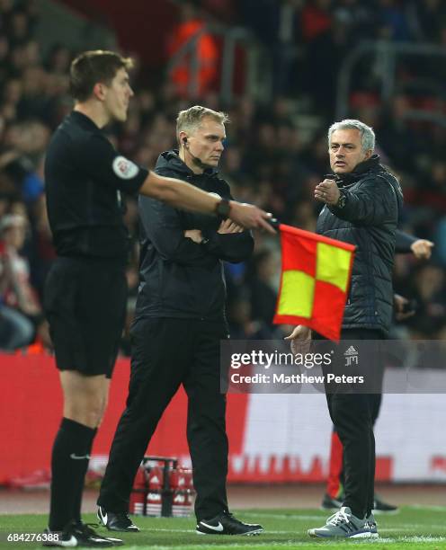 Manager Jose Mourinho of Manchester United complains to the fourth official during the Premier League match between Southampton and Manchester United...