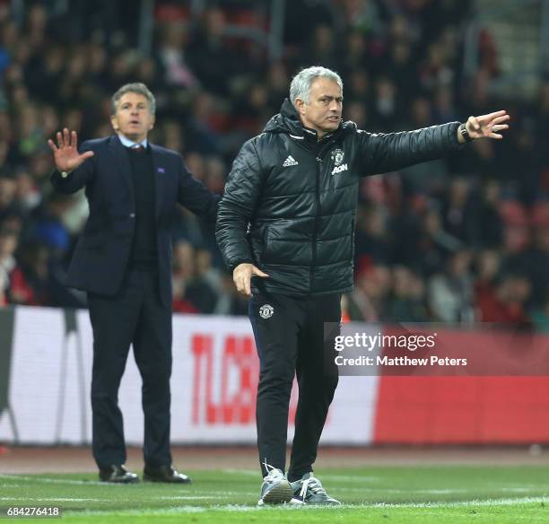 Manager Jose Mourinho of Manchester United watches from the touchline during the Premier League match between Southampton and Manchester United at St...