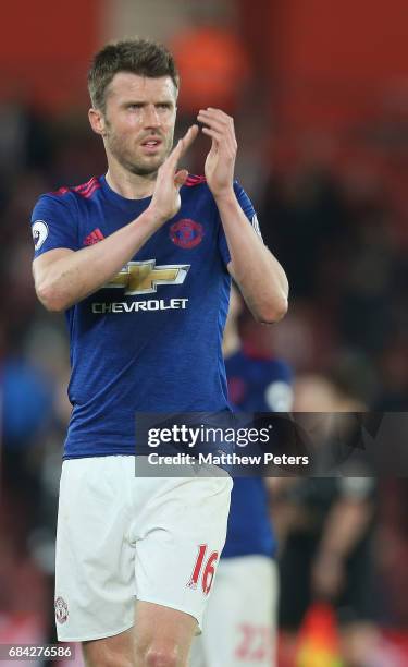 Michael Carrick of Manchester United applauds the fans afer the Premier League match between Southampton and Manchester United at St Mary's Stadium...