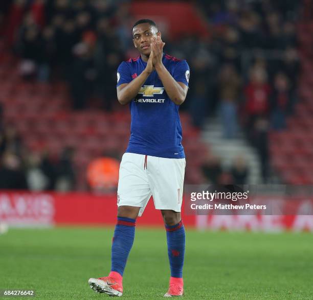 Anthony Martial of Manchester United applauds the fans afer the Premier League match between Southampton and Manchester United at St Mary's Stadium...