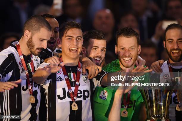 Juventus' defender from Italy Leonardo Bonucci, Juventus' forward from Argentina Paulo Dybala, Juventus midfielder Miralem Pjanic, Juventus'...