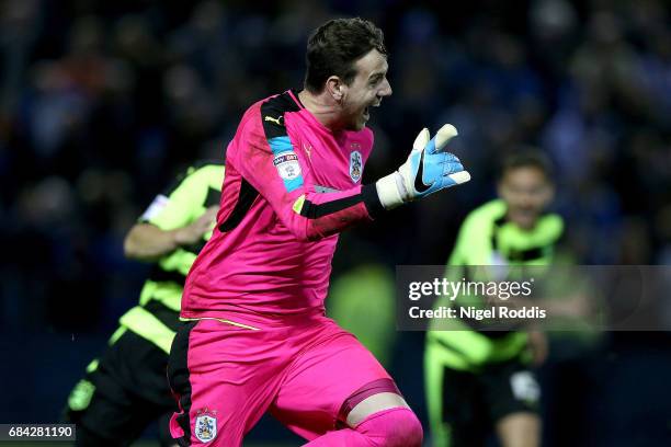 Danny Ward of Huddersfield Town celebrates after he saved the final penalty to send his team through to the final after the Sky Bet Championship play...