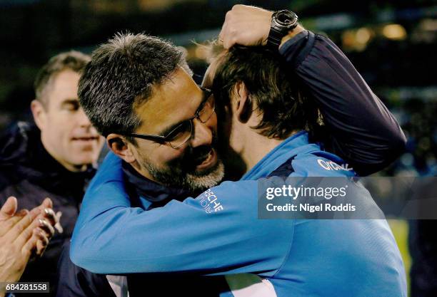 David Wagner, Manager of Huddersfield Town celebrates his teams victory after the Sky Bet Championship play off semi final, second leg match between...