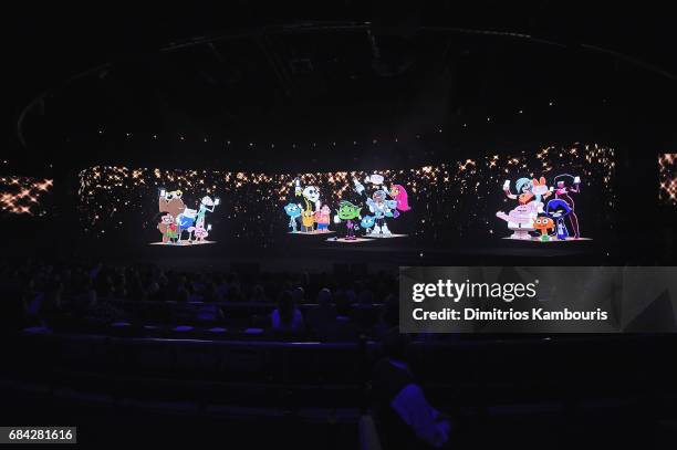 Characters from Cartoon Network shows appear onscreen during the Turner Upfront 2017 show at The Theater at Madison Square Garden on May 17, 2017 in...