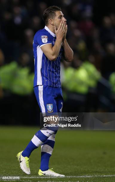 Sam Hutchinson of Sheffield Wednesday reacts after missing his sides first penalty during the Sky Bet Championship play off semi final, second leg...