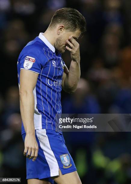 Sam Hutchinson of Sheffield Wednesday reacts after missing his sides first penalty during the Sky Bet Championship play off semi final, second leg...