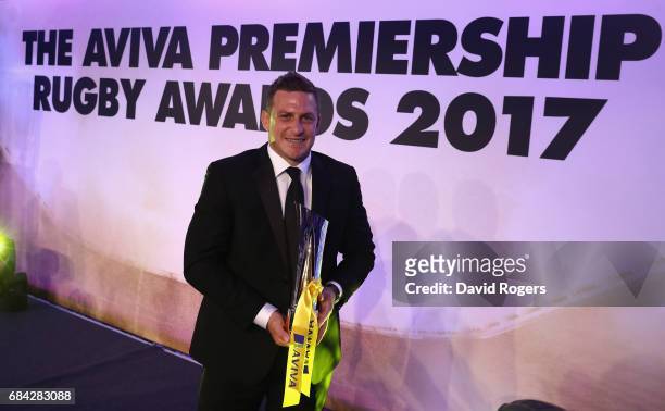 Jimmy Gopperth of Wasps, holds the Aviva Premiership Rugby Player of the Season Award during the Aviva Premiership Rugby Awards dinner held at the...