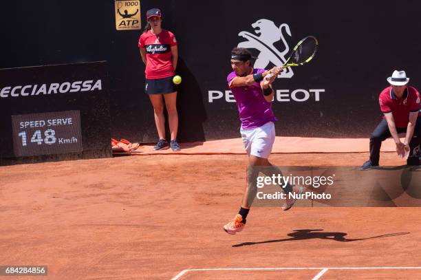 Rafael Nadal in action during the match between Rafael Nadal vs Nicolas Almagro at the Internazionali BNL d'Italia 2017 at the Foro Italico on May...