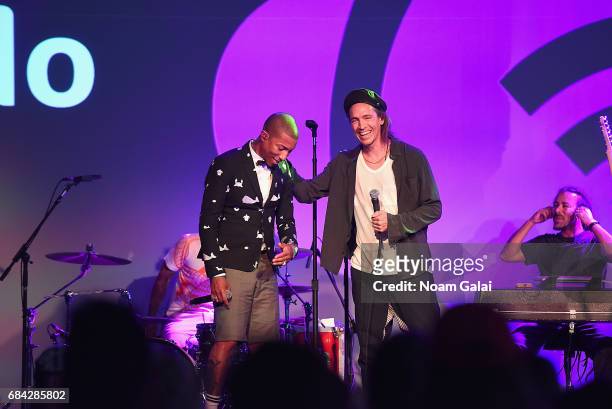 Pharrell Williams and Brandon Boyd of Incubus perform onstage during TechCrunch Disrupt NY 2017 - Day 3 at Pier 36 on May 17, 2017 in New York City.