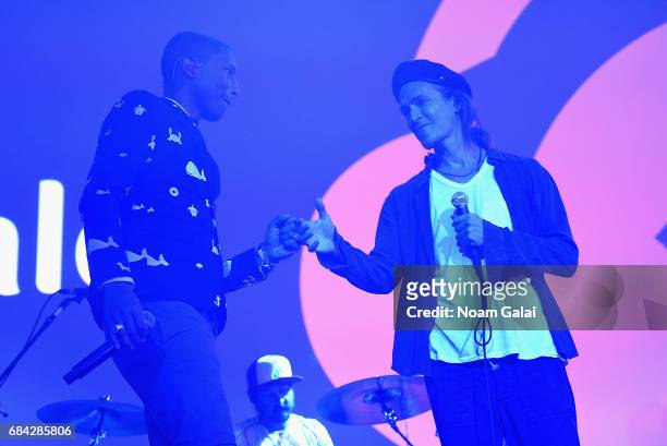 Pharrell Williams and Brandon Boyd of Incubus perform onstage during TechCrunch Disrupt NY 2017 - Day 3 at Pier 36 on May 17, 2017 in New York City.