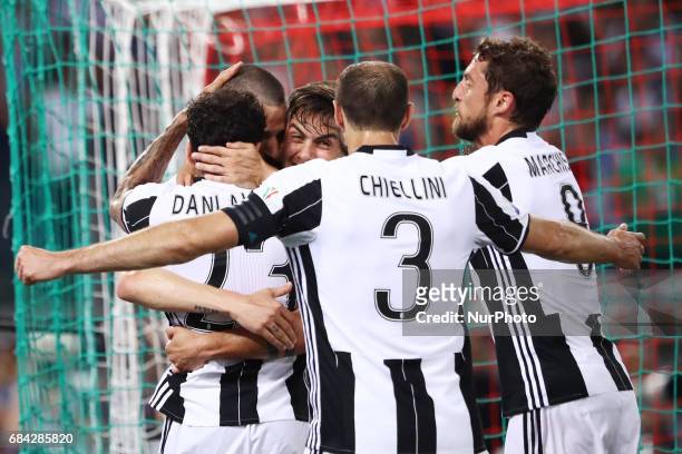 Italian Tim Cup FInal Lazio v Juventus Leonardo Bonucci of Juventus celebrating with Daniel Alves and Paulo Dybala of Juventus after the goal of 0-2...