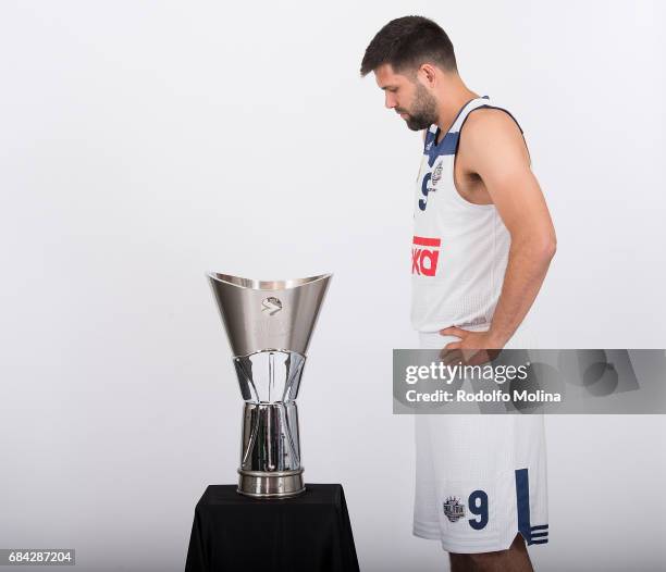 Felipe Reyes, #9 of Real Madrid pose with the Champion Trophy during the 2017 Turkish Airlines EuroLeague Final Four Teams Captains Photo Opportunity...