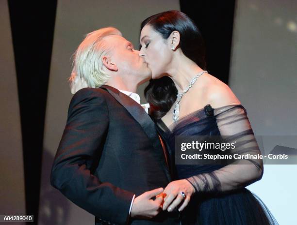 Actors Monica Belluccia and Alex Lutz perform onstage at the "Ismael's Ghosts " screening and Opening Gala during the 70th annual Cannes Film...