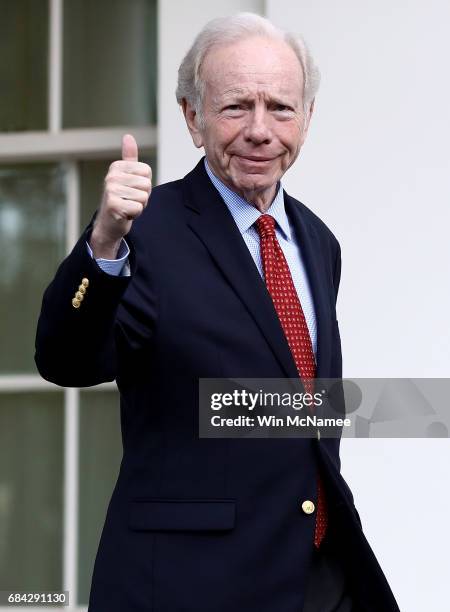 Former U.S. Sen. Joseph Lieberman departs the White House after meeting with U.S. President Donald Trump May 17, 2017 in Washington, DC. Trump is...