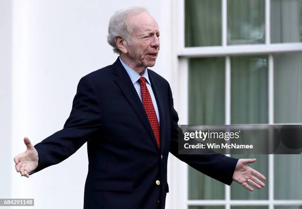 Former U.S. Sen. Joseph Lieberman departs the White House after meeting with U.S. President Donald Trump May 17, 2017 in Washington, DC. Trump is...