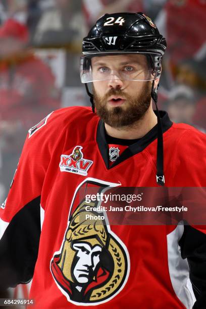 Viktor Stalberg of the Ottawa Senators looks on during warm ups prior to Game Three of the Eastern Conference Final against the Pittsburgh Penguins...