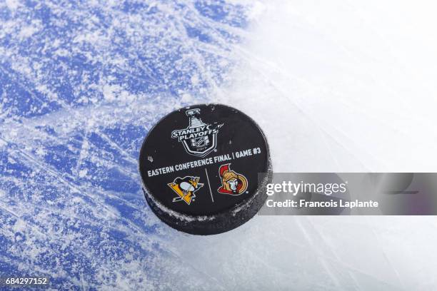 Close up of a warmup puck before Game Two of the Eastern Conference Second Round between the Ottawa Senators and the New York Rangers during the 2017...