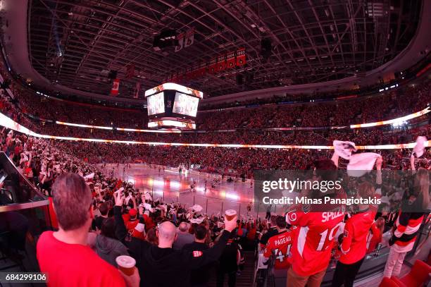 Ottawa Senators fans cheer during player introductions prior to Game Three of the Eastern Conference Final against the Pittsburgh Penguins during the...