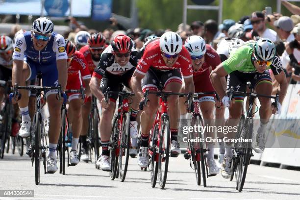 Peter Sagan of Slovakia riding for Bora-Hansgrohe beats John Degenkolb of Germany riding for Trek-Segafredo to the line in the field sprint during...