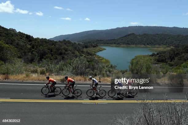 Evan Huffman of the USA and Rally Cycling team leads the breakaway group on stage four of the AMGEN Tour of California from Santa Barbara to Santa...